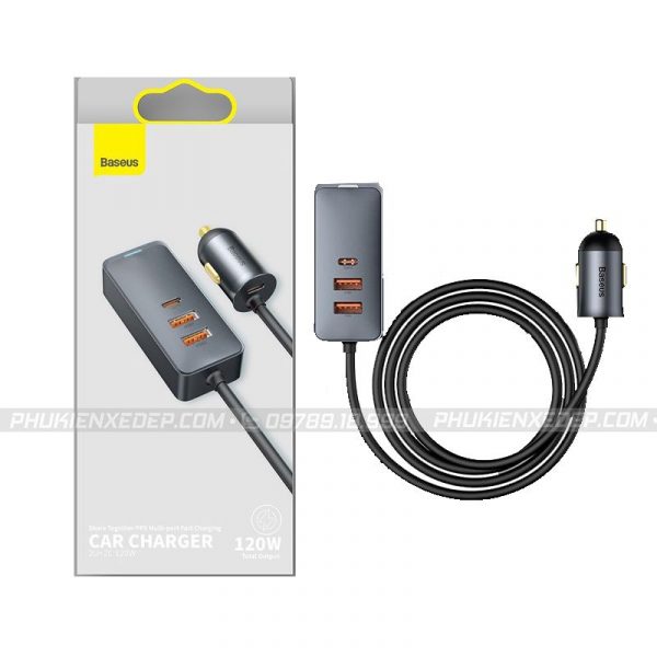 Tẩu chia sạc ô tô Baseus 3 USB 1 Type C có dây dài 1.5m 1 Tẩu chia sạc ô tô Baseus 3 USB 1 Type C có dây dài 1.5m