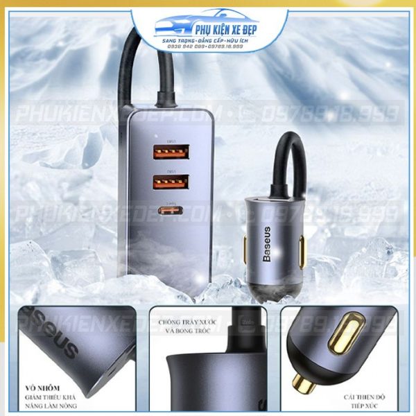 Tẩu chia sạc ô tô Baseus 3 USB 1 Type C có dây dài 1.5m 9 Tẩu sạc ô tô Baseus 120W