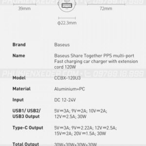 Tẩu chia sạc ô tô Baseus 3 USB 1 Type C có dây dài 1.5m 22 Tẩu sạc ô tô Baseus 120W